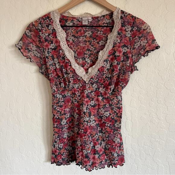 Vintage Y2K Sweet Pea Mesh Babydoll V-Neck Lace Trim Tie Back Top Medium Floral - Picture 1 of 5
